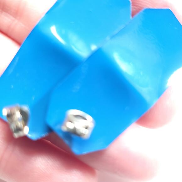 Vintage Blue Metal Octagonal Shaped Earrings, Glossy Finish, Bold Statement - Picture 7 of 10